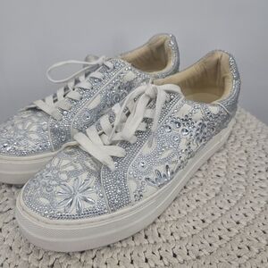 Betsey Johnson Rhinestone Platform Sneakers SB-Lenon White Silver Beaded Floral